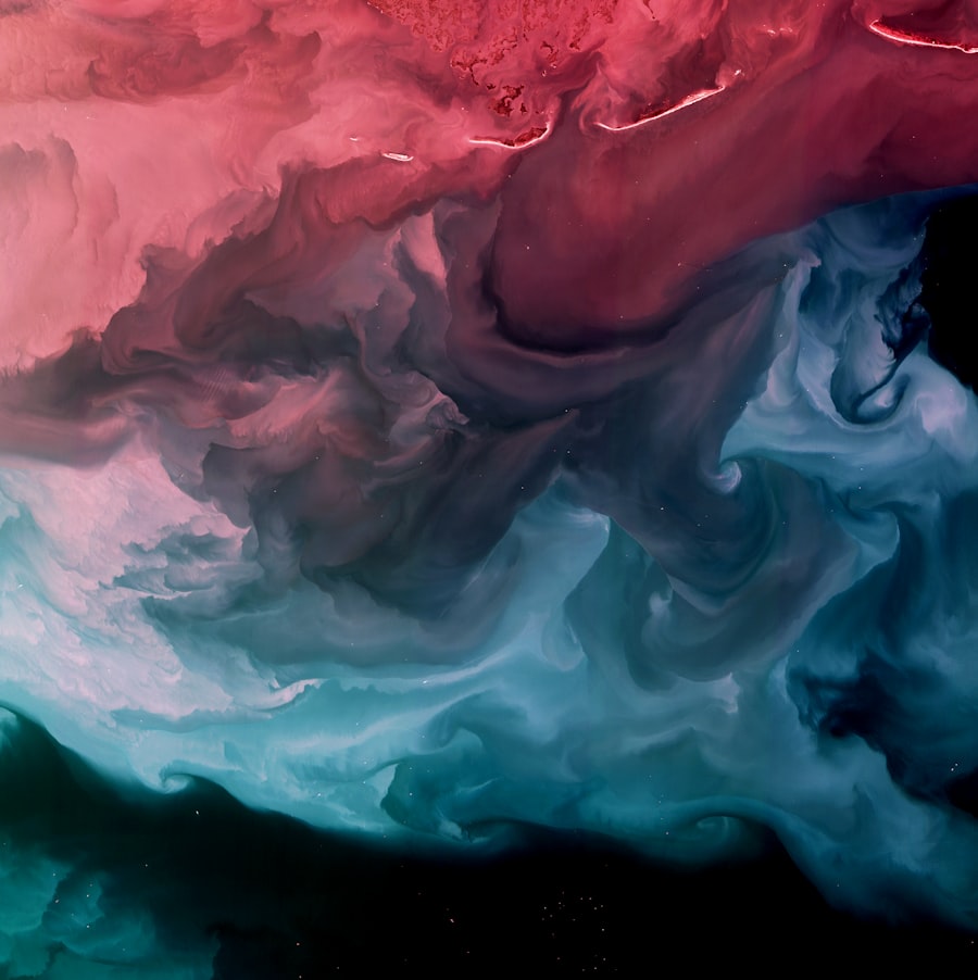 Vibrant abstract — painterly swirling cloud forms in warm and cool tones